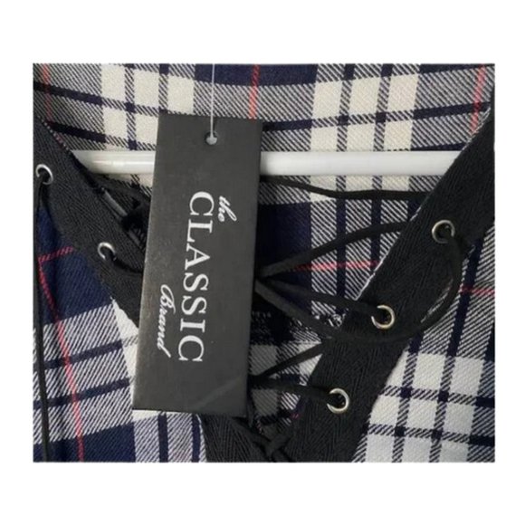 NWT The Classic Brand Long Sleeve Tie Front Plaid Shirt Black & White Cotton Top - Picture 4 of 5